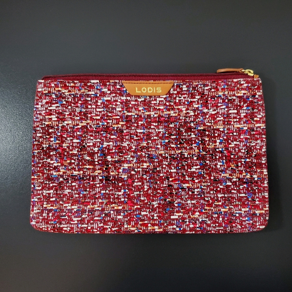 Lodis Tweetable Tweed RFID Printed Suede Leather Flat Zip Pouch - Brick Red